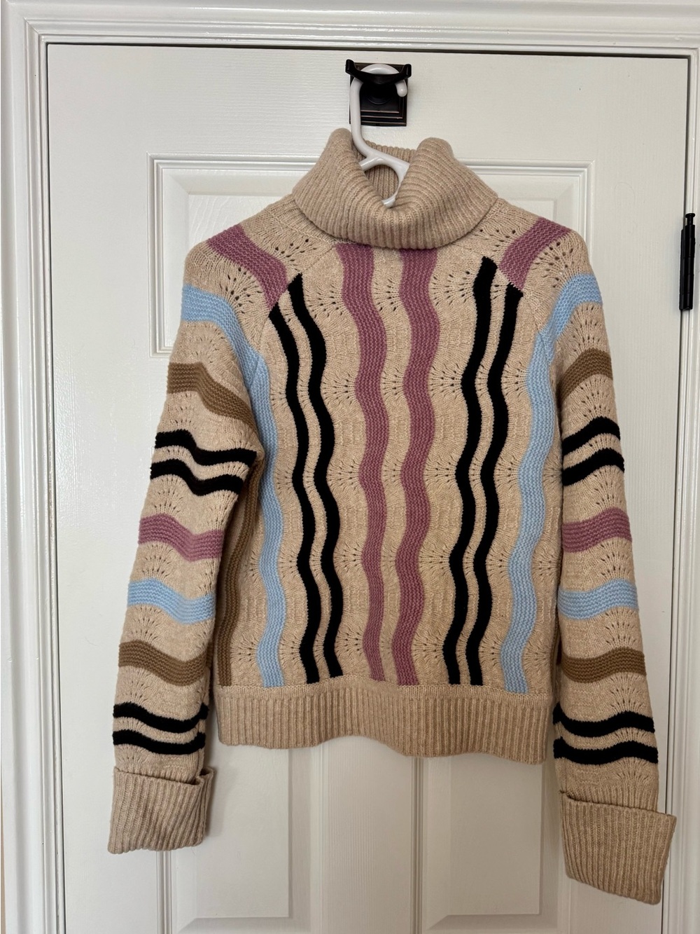 Aspen- Beige Cowl-Neck Wave Stripe Sweater